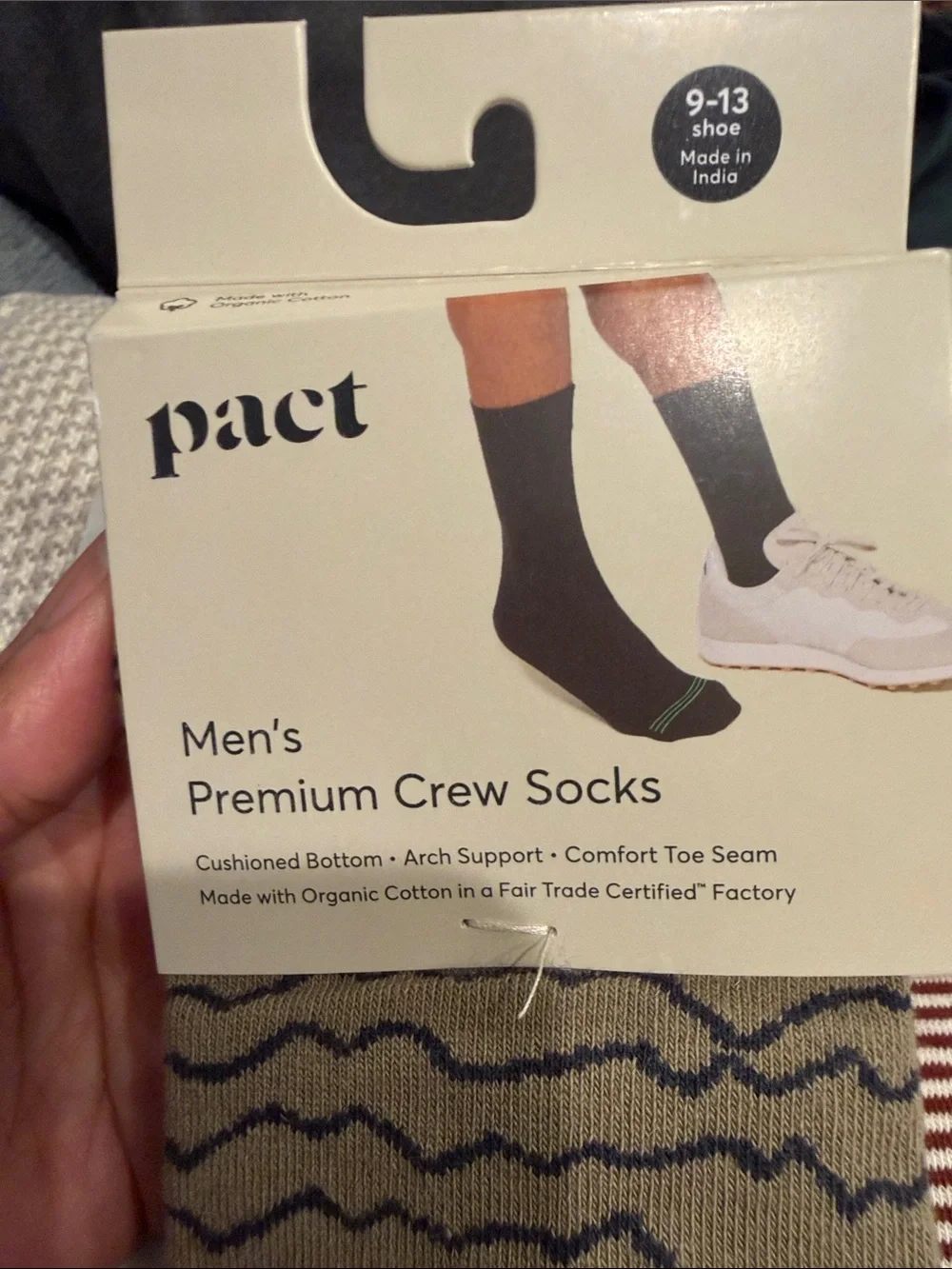 Pact Men's Crew Socks —Olive Wave & Red Stripe with Light Blue Cuff (2-Pack)